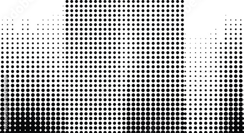Halftone dot gradient pattern, abstract grid texture, black shape composition, visual depth artwork, minimalist shading design, optical illusion layout