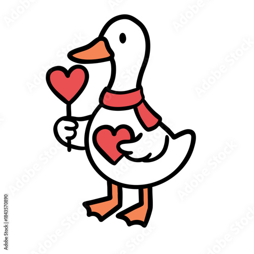 Set of cartoon white geese illustrations for Valentine's Day holding hearts flowers and love letters
