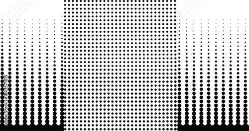 Halftone dot pattern set, abstract grid texture, gradient shading design, black shape composition, visual depth artwork, minimalist layout