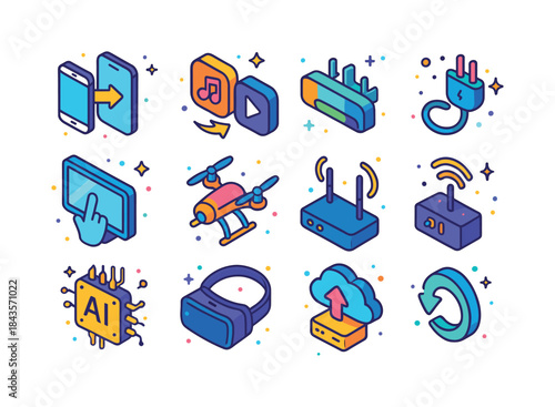 Tech Icon Evolution. Tech Upgrade. Colorful isometric vector ico