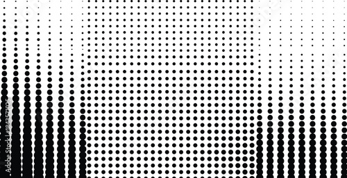 Halftone vertical dot gradient, abstract grid pattern, visual depth texture, black shape composition, minimalist shading design, optical artwork layout