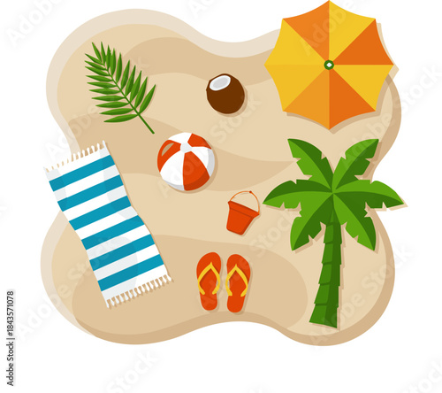 Isolated kinds different of realistic beautiful realistic top view illustration of sandy summer beach - template for your poster of banner vector art with white background.