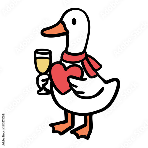 Set of cartoon white geese illustrations for Valentine's Day holding hearts flowers and love letters
