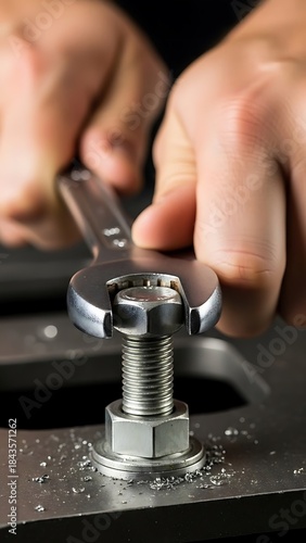 Hands Using a Wrench to Tighten a Bolt and Nut with Metal Shavings on a Dark Surface Keywords: hands, wrench, tightening, bolt, nut, screw, metal, metallic, tool, mechanical, repair, construction