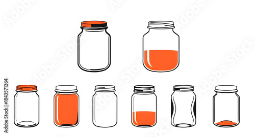jar, jars, empty, vector, illustration, container, glass, bottle, storage, kitchen, pantry, food, preserve, mason, canning, outline, lineart, silhouette, flat, minimal, clean, simple, transparent, bla