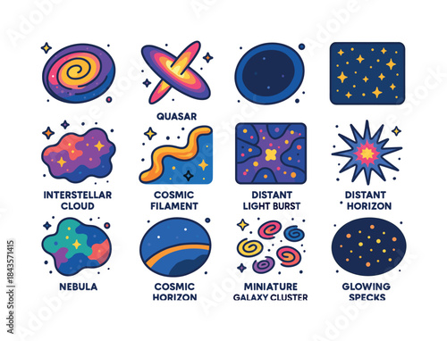 Colorful Cosmic Icons. Deep space. Colorful isometric vector ico