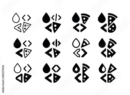 Coder's Fuel Icons. Sweat + Code + Pizza. Icon set. Set Logo of