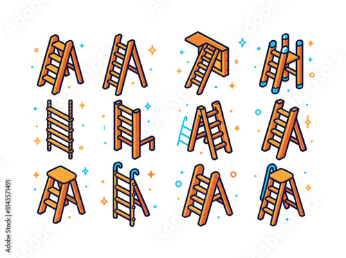 Colorful Ladder Icons. Wooden Ladder. Colorful isometric vector