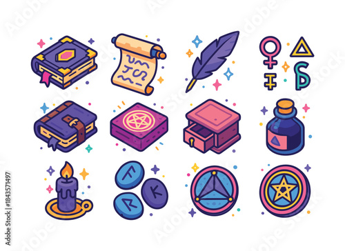 Colorful Arcane Icons. Arcane Archives. Colorful isometric vecto