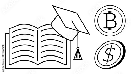 Education, financial literacy, cryptocurrency, academic success, investment, economy. Open book, graduation cap Bitcoin and dollar coin symbols. Education and financial literacy concepts