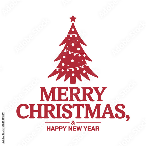 A stylized crimson Christmas tree announces Merry Christmas and Happy New Year greetings