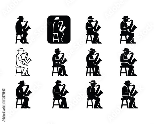 Saxophone Icon Variations. A jazz musician playing a saxophone i