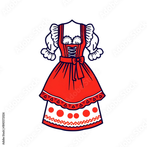 minimal dirndl dress illustration, flat German traditional costume design, simple Bavarian folk dress artwork, clean Oktoberfest dirndl illustration, flat style cultural dress art, modern dirndl fashi