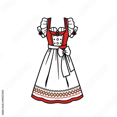 minimal dirndl dress illustration, flat German traditional costume design, simple Bavarian folk dress artwork, clean Oktoberfest dirndl illustration, flat style cultural dress art, modern dirndl fashi