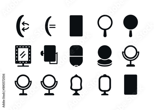 Variety of Mirrors. Mirror types. Solid icon set of mirror types