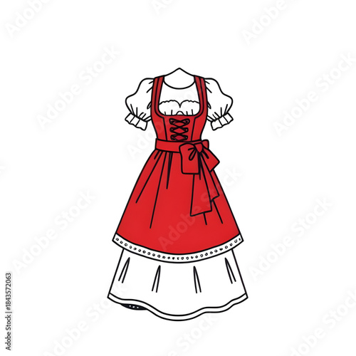 dirndl fashion illustration design, traditional German clothing concept art, Bavarian folk fashion artwork, Oktoberfest dress design illustration, Alpine cultural costume art, German heritage fashion 