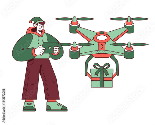 A stylish individual operates a modern drone, depicted in a trendy flat design vector illustration, carrying a festive gift for swift delivery, symbolizing contemporary technology and convenience