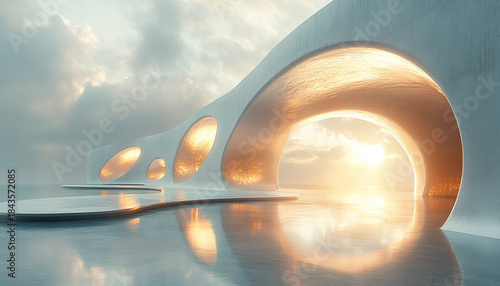 Fototapeta Naklejka Na Ścianę i Meble -  Futuristic Organic Architecture with Glowing Arches and Water Reflection