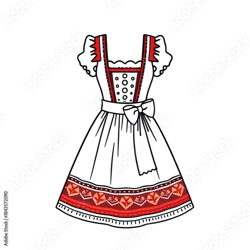 realistic dirndl dress illustration, detailed German traditional costume art, authentic Bavarian dirndl artwork, Oktoberfest folk dress realism, traditional Alpine clothing illustration, German cultur