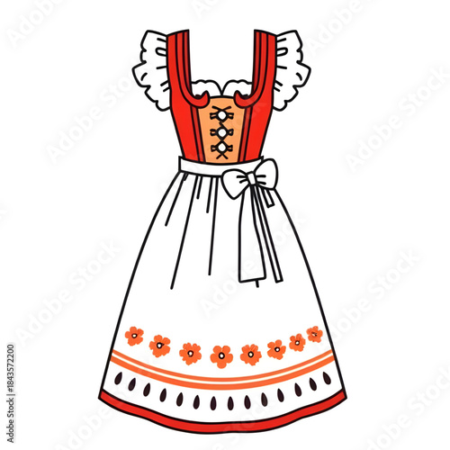 traditional German dirndl dress illustration, Bavarian dirndl folk costume artwork, Oktoberfest dirndl dress illustration, German traditional clothing illustration, Alpine dirndl cultural outfit art, 