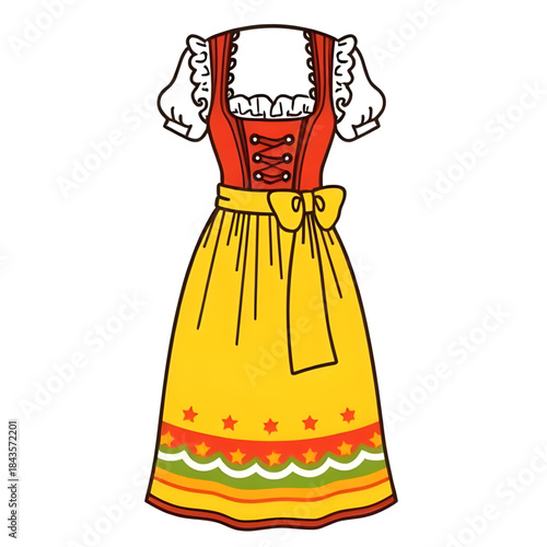 traditional German dirndl dress illustration, Bavarian dirndl folk costume artwork, Oktoberfest dirndl dress illustration, German traditional clothing illustration, Alpine dirndl cultural outfit art, 