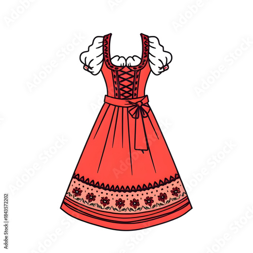 traditional German dirndl dress illustration, Bavarian dirndl folk costume artwork, Oktoberfest dirndl dress illustration, German traditional clothing illustration, Alpine dirndl cultural outfit art, 