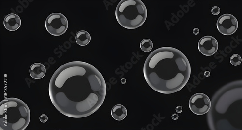 bubbles on dark, black water background, abstract liquid, floating bubbles, rising bubbles, underwater bubbles, air in water, transparent circles, shiny circles, glossy highlights, foam texture, fizz,