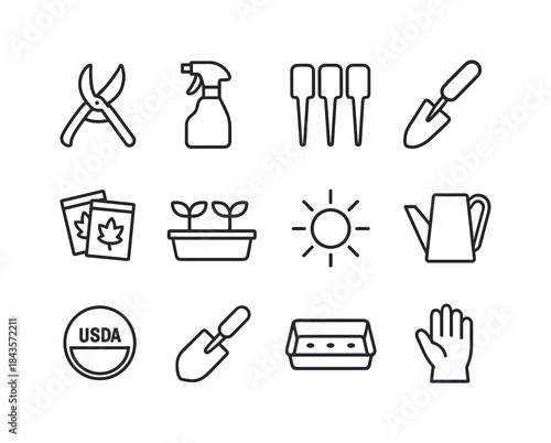 Windowsill Garden Tools. Windowsill garden tools. Line icon set