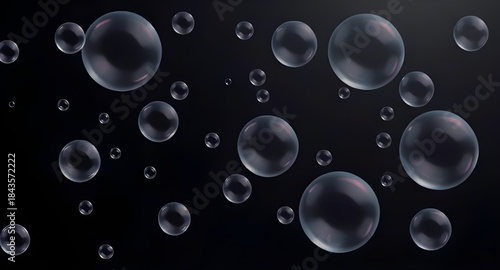 bubbles on dark, black water background, abstract liquid, floating bubbles, rising bubbles, underwater bubbles, air in water, transparent circles, shiny circles, glossy highlights, foam texture, fizz,
