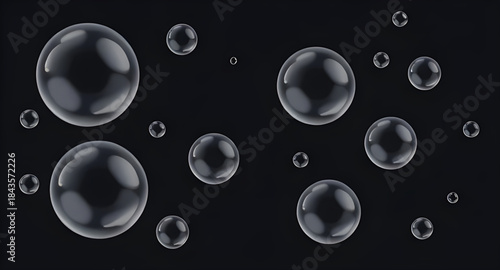 bubbles on dark, black water background, abstract liquid, floating bubbles, rising bubbles, underwater bubbles, air in water, transparent circles, shiny circles, glossy highlights, foam texture, fizz,