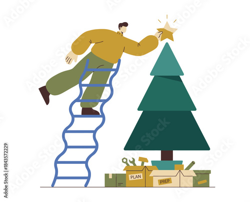 A cheerful person, depicted in a modern flat design vector illustration, carefully places a shining star atop a festive Christmas tree, symbolizing holiday preparations