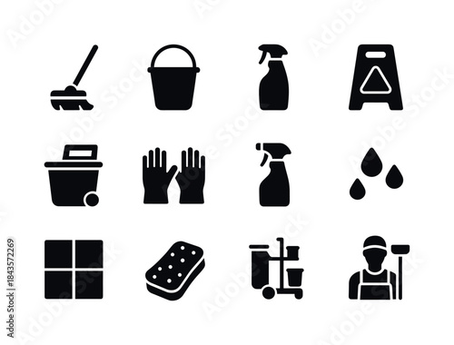 Mopping Icon Set. Mopping. Solid icon set of Mopping: mop, bucke
