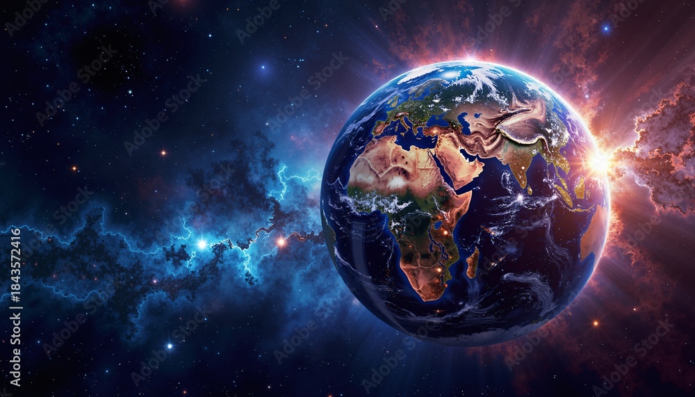 Obraz premium The image shows planet Earth as seen from space, illuminated by the Sun and surrounded by cosmic nebulae