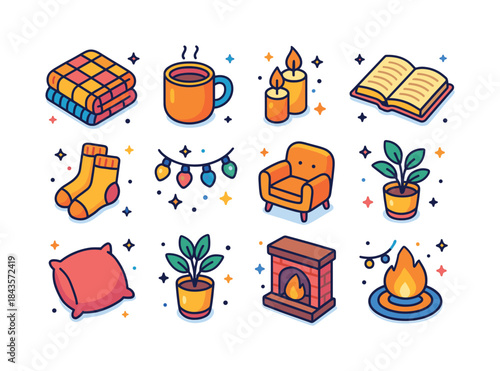 Cozy Evening Icons. Peaceful evening. Colorful isometric vector