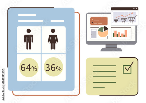 Gender breakdown chart with male, female percentages, bar graphs, shopping analytics, checklist note. Ideal for analytics, market research, business, strategy demographics reports simple flat