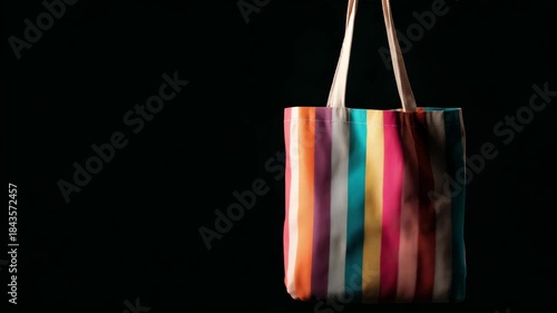 Fabric tote bag with vertical rainbow stripes and beige handles hanging against a dark background, symbolizing fashion and sustainability