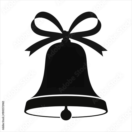 Black silhouette reveals a bell elegantly adorned with a ribbon bow against white