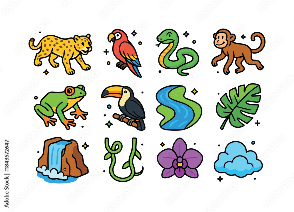Naklejka premium Rainforest Wildlife Icons. Rainforest chase. Colorful isometric