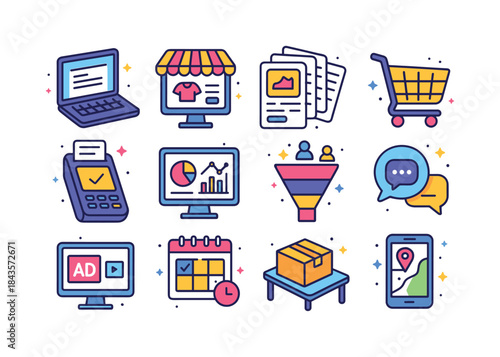 Colorful Online Entrepreneurship Icons. Online entrepreneurship.