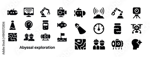 Abyssal exploration icons: submarine, sonar, robot arm, ocean ma