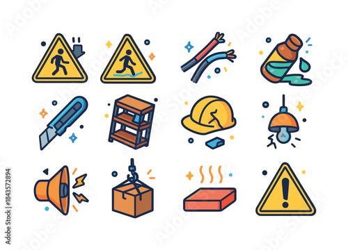 Workplace Safety Icons. workplace hazards. Colorful isometric ve