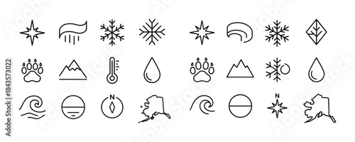 Collection of minimalist weather and nature icons featuring snow