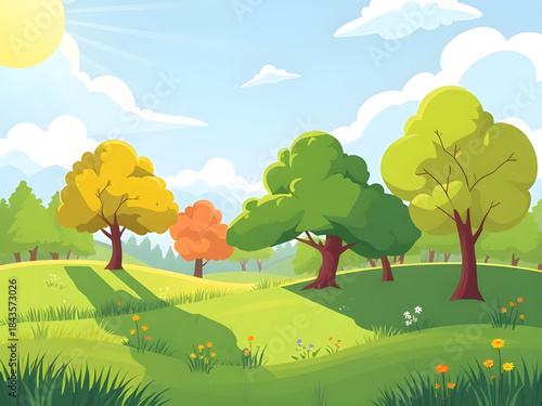 summer landscape illustration background, green grass and sky nature scene, bright daylight summer countryside, open field under blue sky, summer outdoor nature scenery, peaceful green meadow summer, 