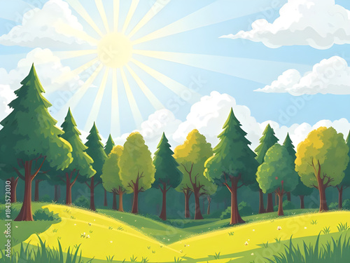 summer landscape illustration background, green grass and sky nature scene, bright daylight summer countryside, open field under blue sky, summer outdoor nature scenery, peaceful green meadow summer, 