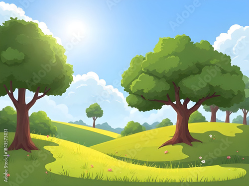 summer landscape illustration background, green grass and sky nature scene, bright daylight summer countryside, open field under blue sky, summer outdoor nature scenery, peaceful green meadow summer, 
