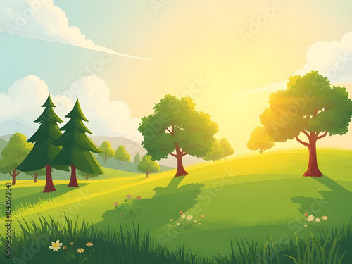 summer meadow with blue sky, green grass summer background design, bright summer landscape illustration, clear blue sky summer field, natural countryside summer view, tranquil summer meadow scenery, o