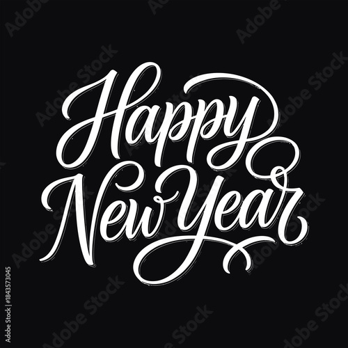 Bold, artistic white calligraphy spells out Happy New Year on a stark black background