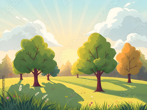 summer countryside landscape background, green grass field summer scene, blue sky summer nature wallpaper, sunny meadow landscape illustration, calm summer rural scenery, wide green field blue sky, su