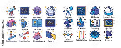 Astronomy tools and concepts illustration: telescope, star map,