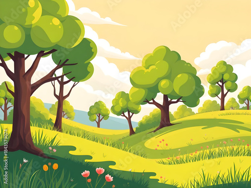 summer landscape green grass blue sky, sunny summer meadow landscape, green field under blue sky, summer nature background illustration, fresh green grass scenery, peaceful summer countryside view, op